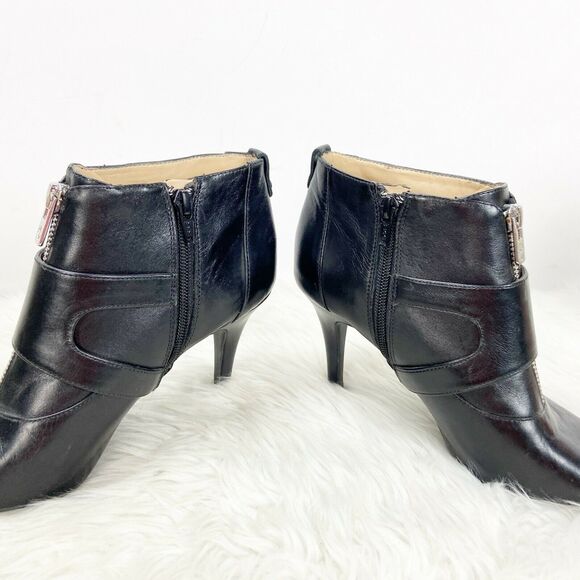 Antonio Melani 7 M Womens Black Leather Double Buckle Peep Toe Ankle Booties - Picture 7 of 10